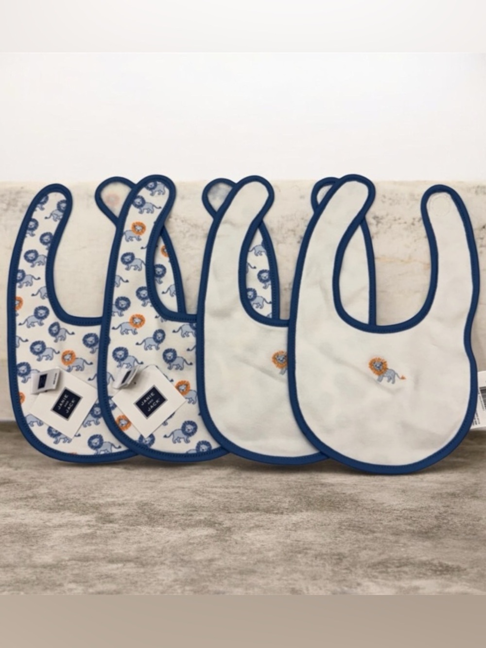 Janie and Jack Bibs Blue-Trim Double Sided Cotton Lion Print Baby Bibs - 4 Set